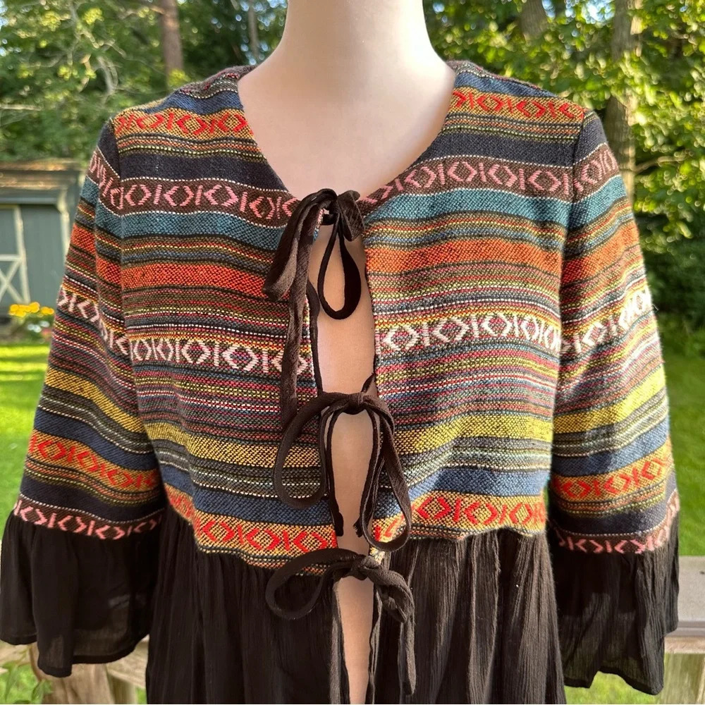 Anthropologie Pleione Boho Tribal Cardigan Jacket Tie Bell Sleeve XS - Picture 3 of 10